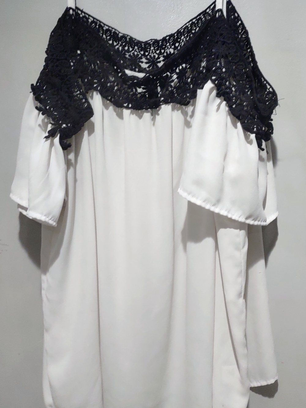 Trende 3X Off-Shoulder Crochet Yoke Blouse in White and Black